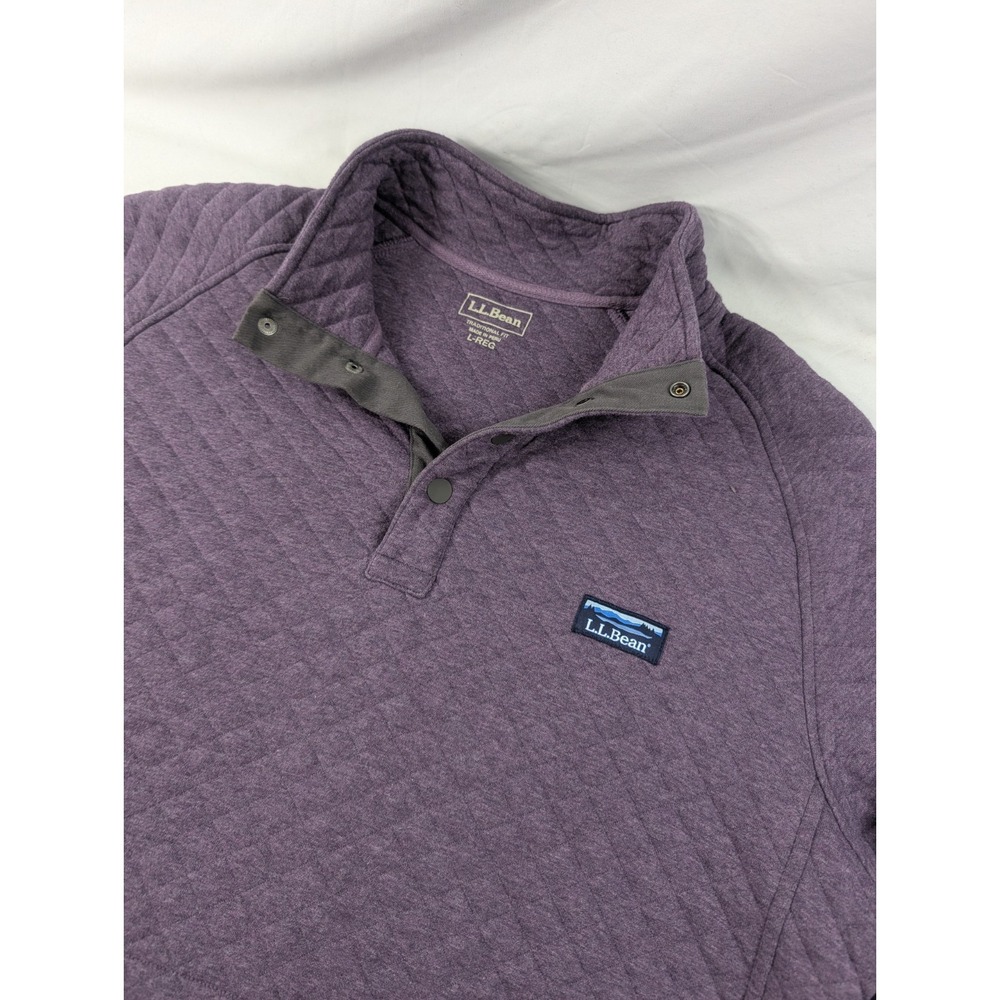 LL Bean Mens Quilted Sweatshirt Men Large Reg Snap Mock T Neck Pullover Purple